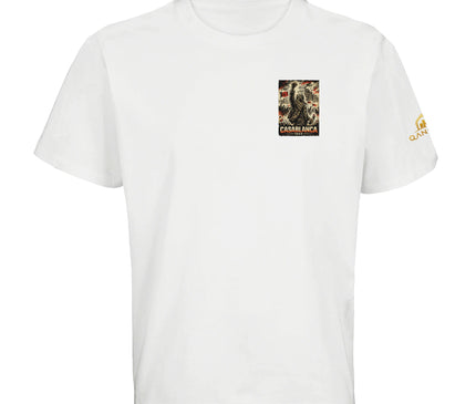 T-shirt blanc Qantara Casablanca 1952, militant poing levé et drapeau marocain