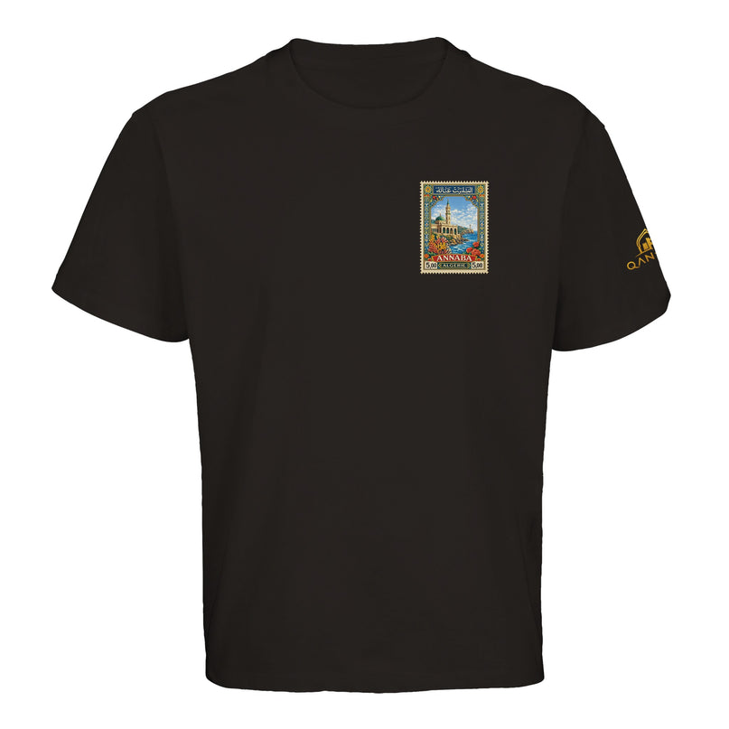 T-shirt noir Qantara Annaba, timbre vintage Basilique Saint-Augustin