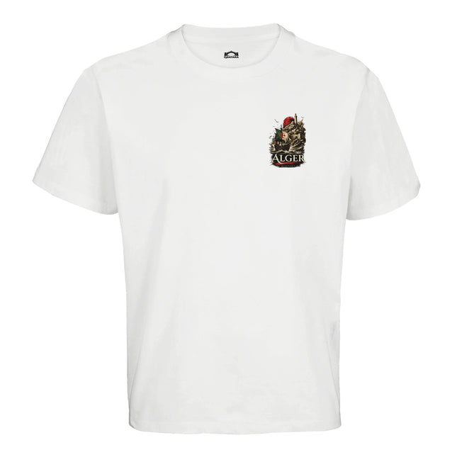 T-shirt blanc Qantara Alger Casbah, médina et navire au drapeau algérien