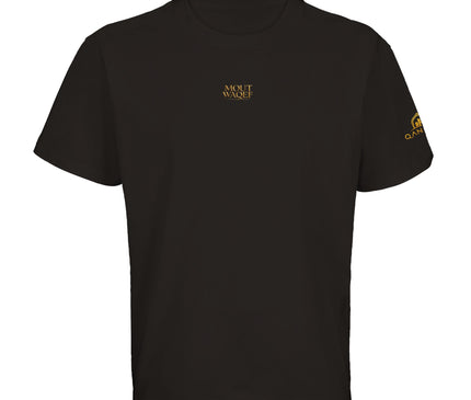 T-shirt noir Qantara Mout Waqef Or, lettrage doré sur fond noir