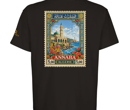 Détail visuel t-shirt Annaba, motifs floraux et calligraphie arabe