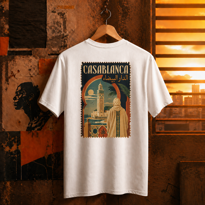 T-shirt Casablanca vue détaillée, minaret Hassan II et arc en fer à cheval