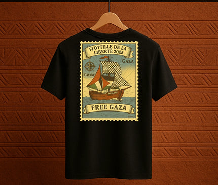 T-shirt noir Qantara Flottille Gaza 2025, visuel solidaire vue dos