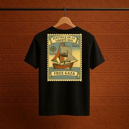 T-shirt noir Qantara Flottille Gaza 2025, visuel solidaire vue dos
