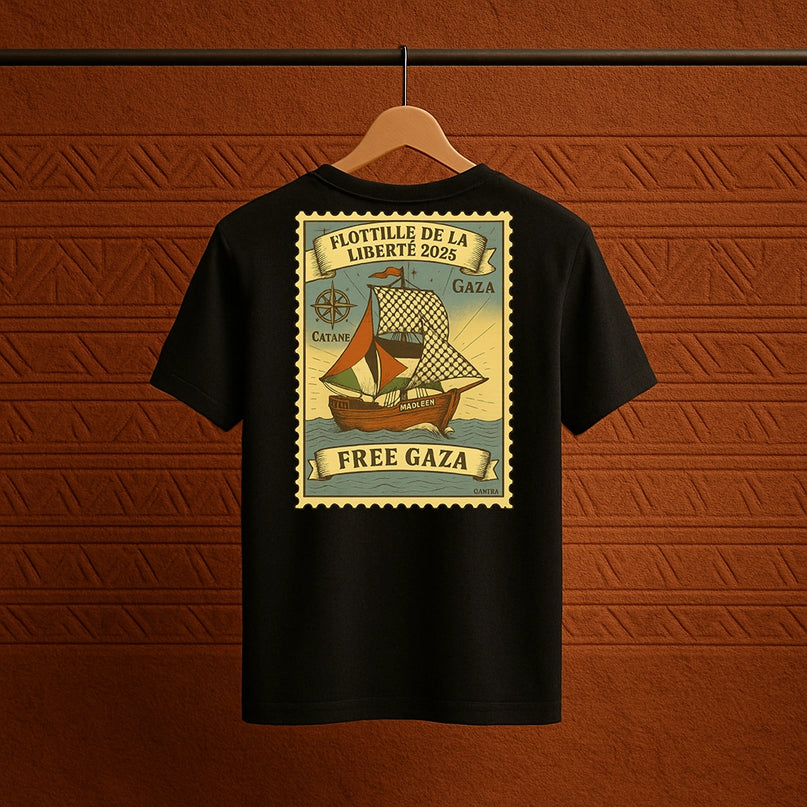 T-shirt noir Qantara Flottille Gaza 2025, visuel solidaire vue dos