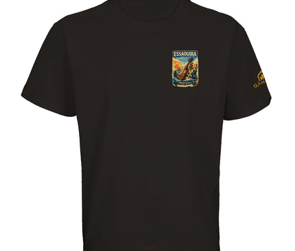 T-shirt noir Qantara Essaouira Atlantic Gnawa, guembri et coucher de soleil
