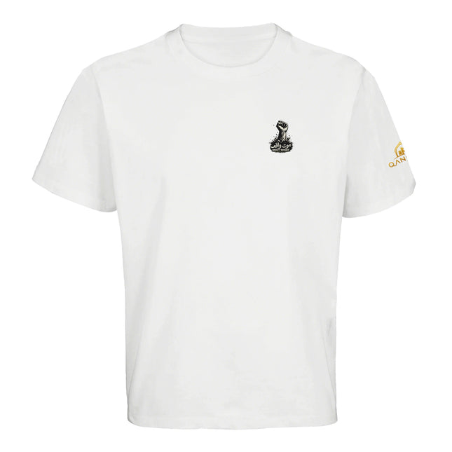 T-shirt blanc Qantara Mout Waqef Hirak, poing levé sortant des décombres
