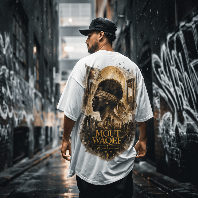 T-shirt noir Qantara Mout Waqef, jeune homme aux yeux bandés, drapeau algérien